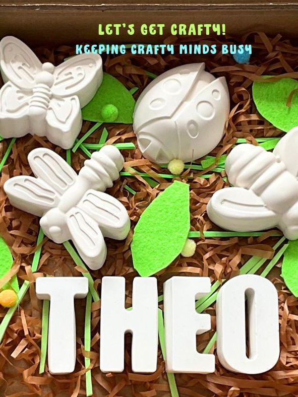 Butterfly, Ladybird, dragonfly, bee moulds in plaster of Paris. Plaster of Paris letters spelling the name Theo.All inside a cardboard box.