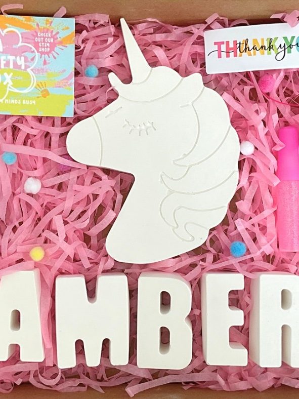 Kids craft gift. Large unicorn, Pom Poms name spelling Anber