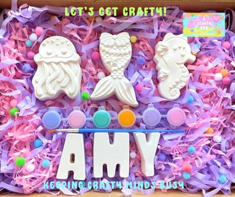 Plaster of Paris jellyfish, mermaid tail, seahorse. Six paints in pastel colours, paintbrush. Plaster of Paris name spelling Amy.