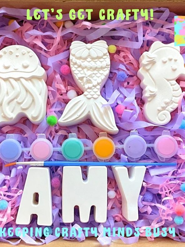 Kids Paint your own gift. Mermaid tail, seahorse, jellyfish. Six pastel paints, paintbrush plaster of Paris name spelling Amy.