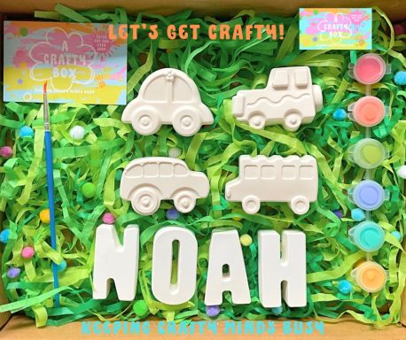 Four plaster of Paris cars. Six paints in various colours and a paintbrush. Plaster of Paris name spelling Noah.