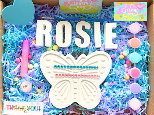 Large plaster of Paris butterfly. Gem stickers in blue and pink. PVA glue. Glitter glue and six paints in bright colours.