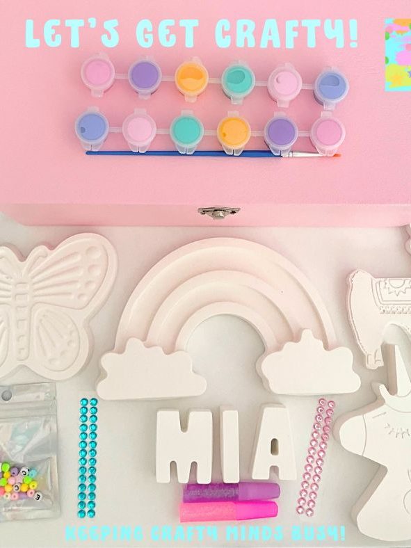 Pink wooden box, at top centre. Blue gems