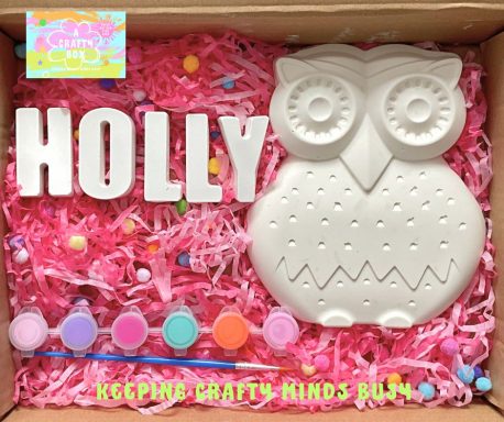 Large plaster of Paris owl. Six paints in various colours and a paintbrush plaster of Paris letters spelling the name Holly.
