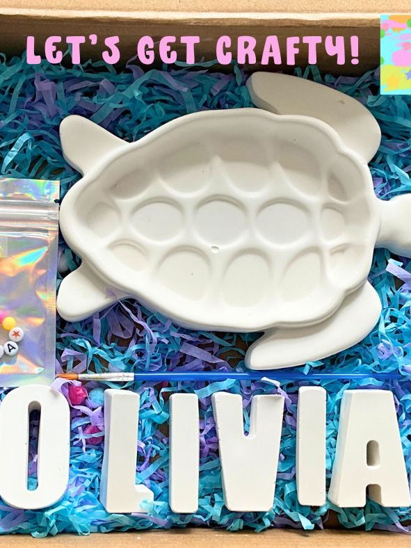 Large turtle, in centre, underneath blue and purple tissue paper, name spelling Olivia. 