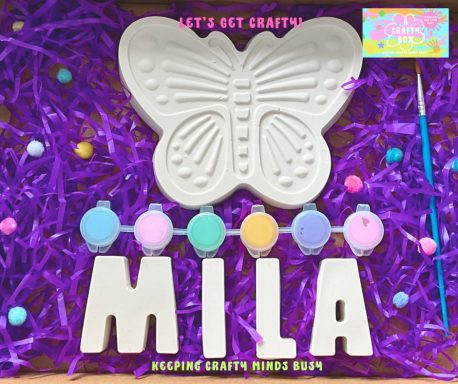 Plaster of Paris butterfly. Six paints And a paintbrush. Plaster of Paris letters spelling the name Mila.