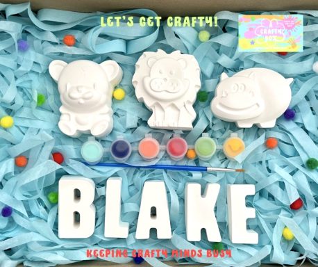 Plaster of Paris hippo, lion, bear. Six paints in various colours and a paintbrush. Plaster of Paris letters spelling the name Blake.